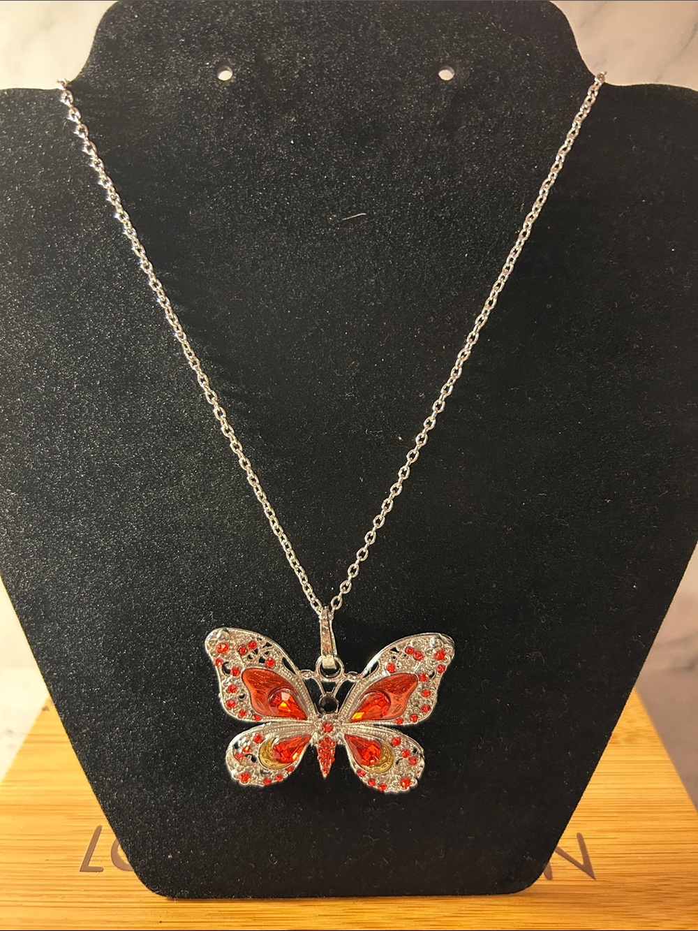 Source Unknown Silver Butterfly Necklace with Red Accents